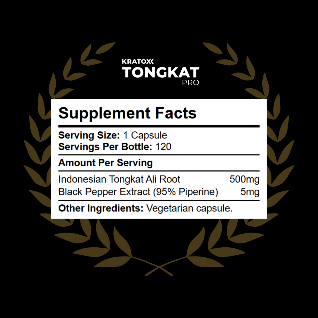 Supplement Facts panel for Kratox Tongkat Ali showing extract dosage and serving size details - 120 capsules