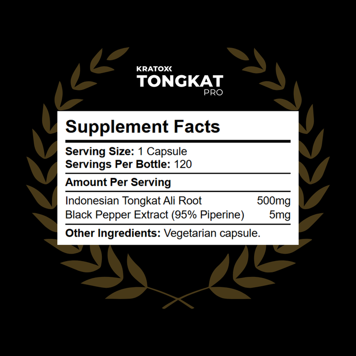 Supplement Facts panel for Kratox Tongkat Ali showing extract dosage and serving size details - 120 capsules