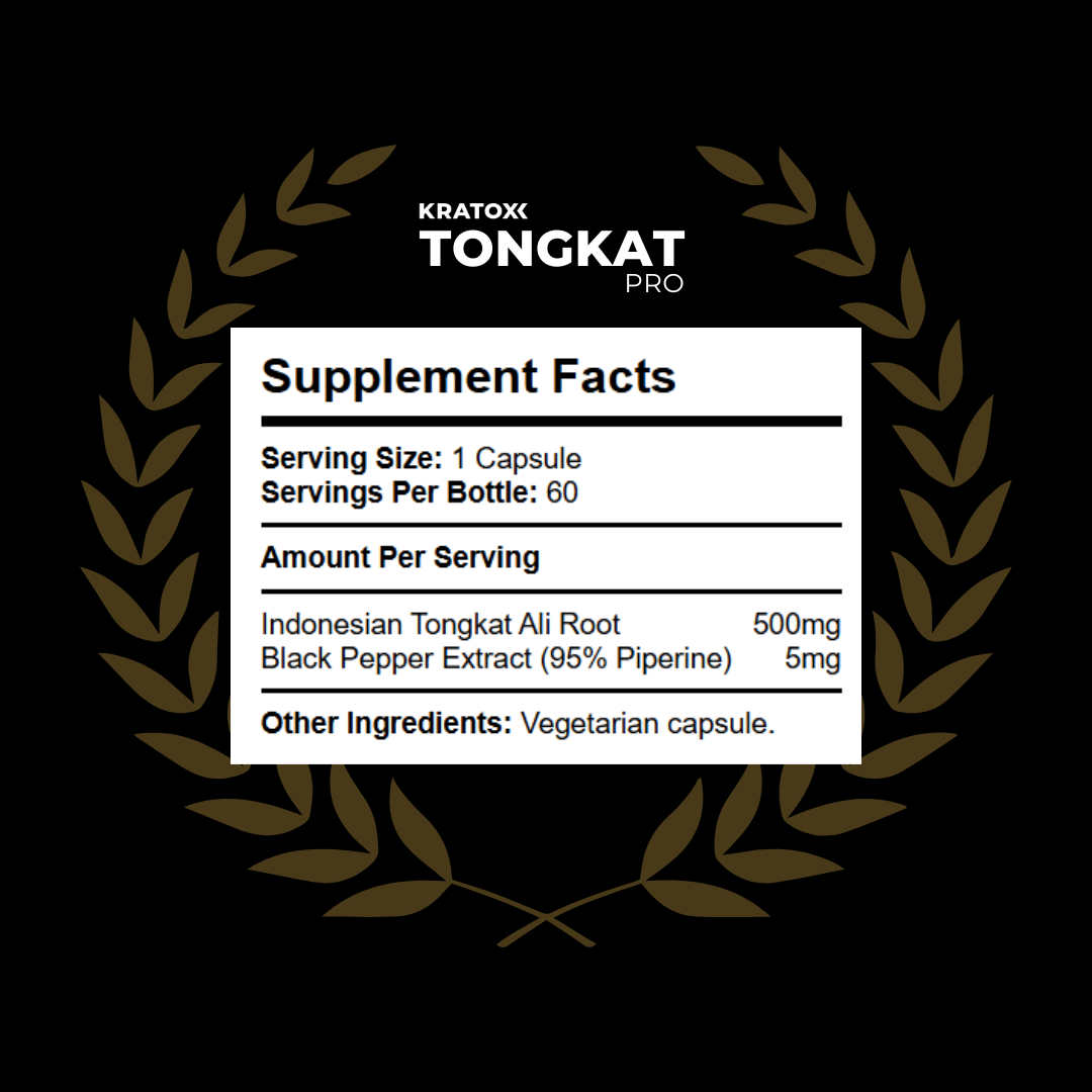 Nutrition and ingredient breakdown for Kratox Tongkat Ali — serving information and extract contents.