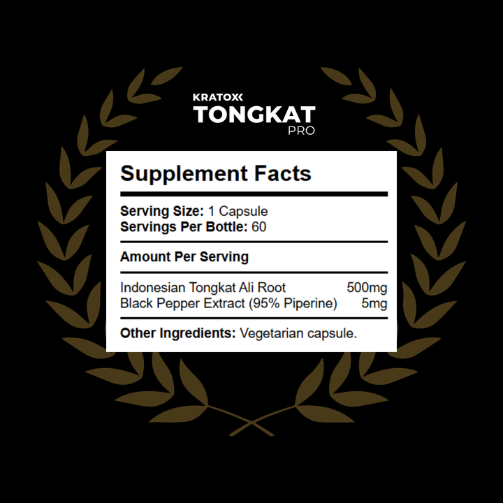 Nutrition and ingredient breakdown for Kratox Tongkat Ali — serving information and extract contents.