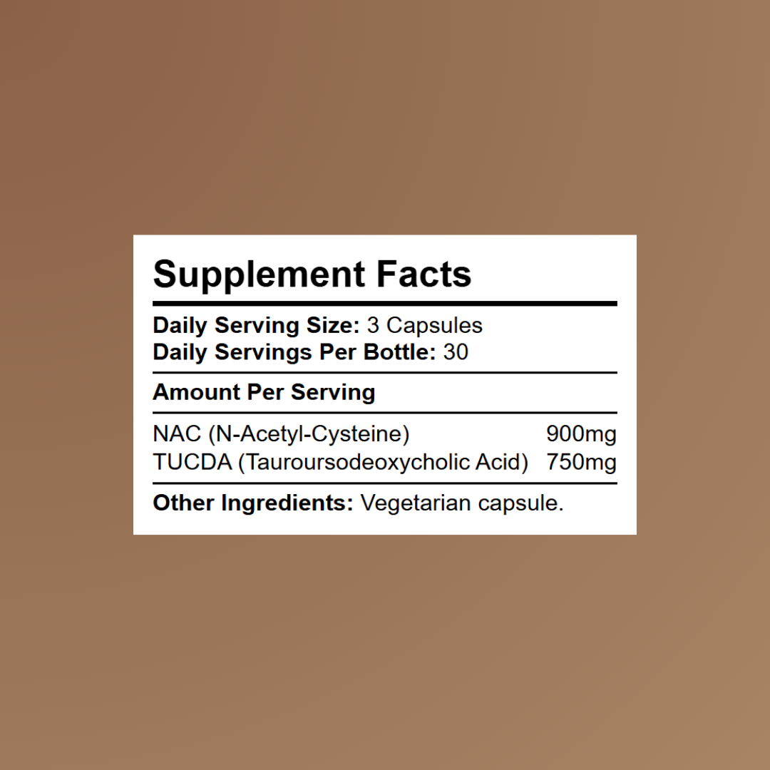 Nutrition and ingredient breakdown for Kratox TUDCA (750mg) + NAC (900mg).