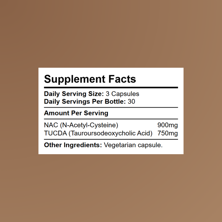 Nutrition and ingredient breakdown for Kratox TUDCA (750mg) + NAC (900mg).