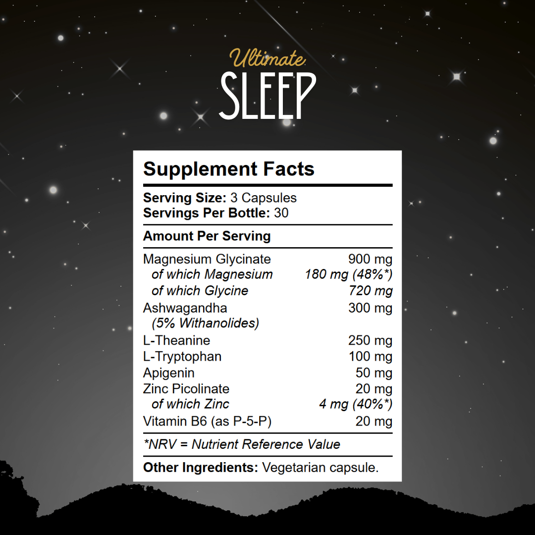 Supplement Facts panel for Kratox Ultimate Sleep showing magnesium glycinate, ashwagandha extract, L-theanine and other ingredient dosages per serving.