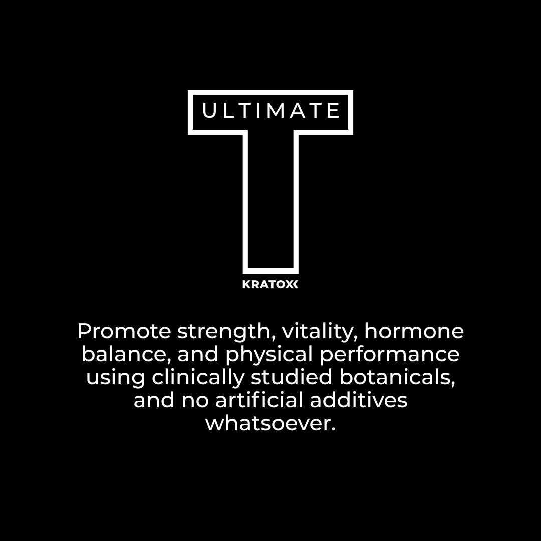 Kratox Ultimate Testosterone supplement — ingredient blend supporting men’s health, energy, strength and recovery.