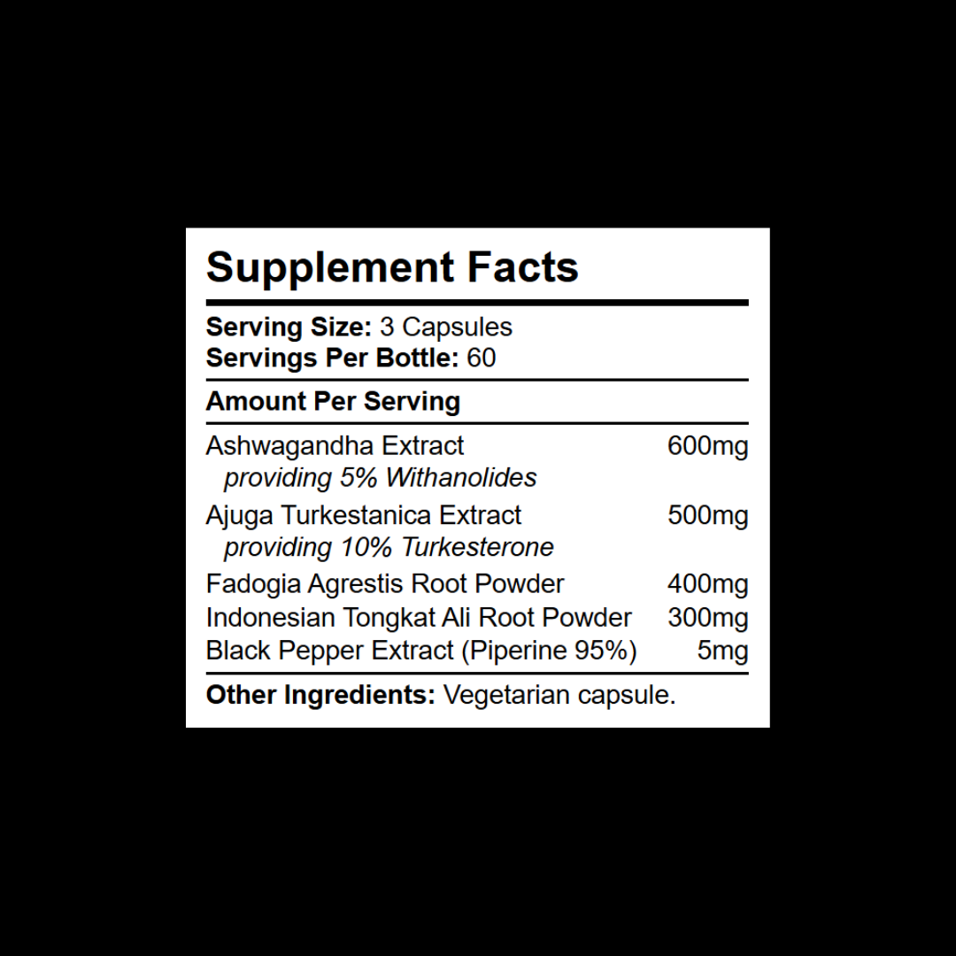 Ultimate Testosterone label — detailed vitamins, minerals and herbal ingredients for men’s health support.