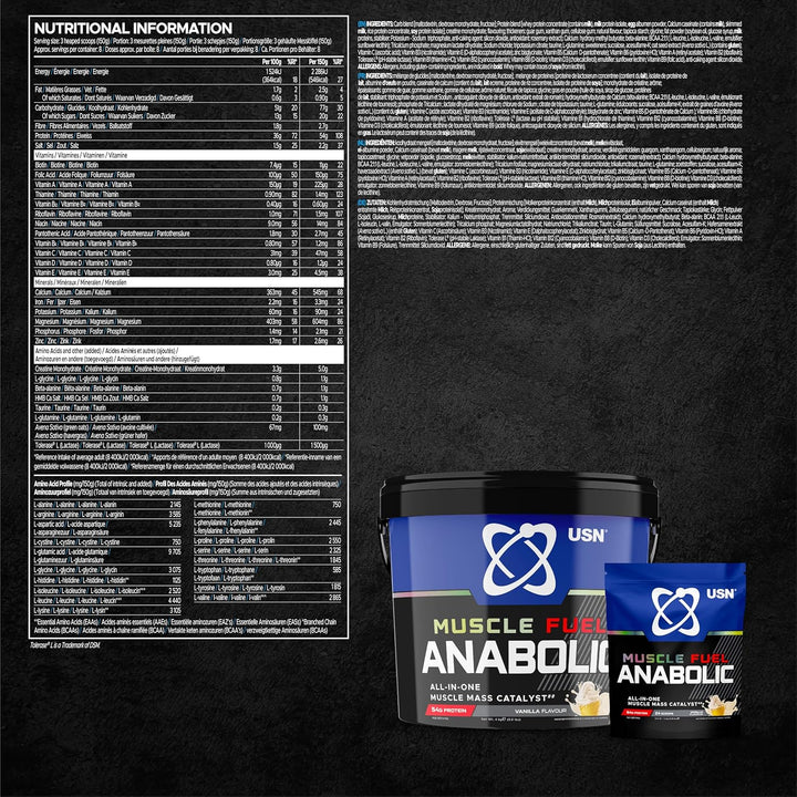 USN Muscle Flex Anabolic supplement packaging with nutritional information on a black background