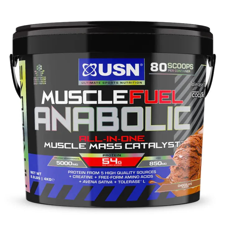 USN Muscle Fuel Anabolic 4 kg container – all-in-one protein powder and mass gainer for muscle growth and recovery.