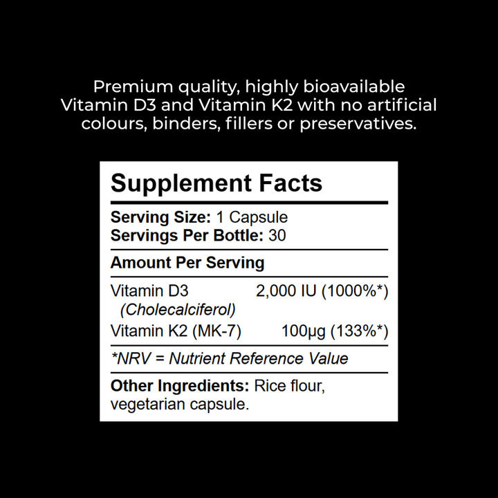 Supplement facts label for Vitamin D3 and Vitamin K2 on a black background