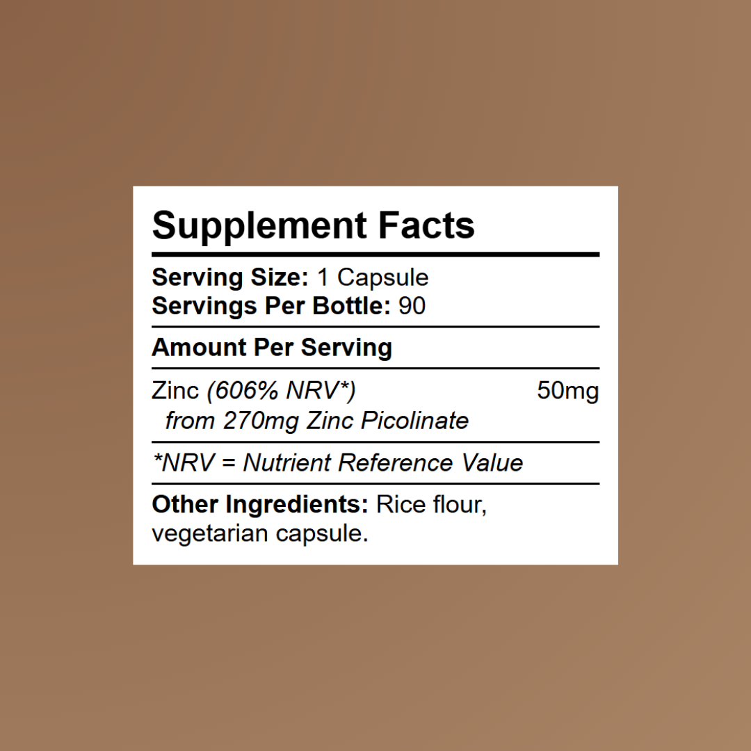 Kratox Zinc Picolinate supplement facts showing 50mg zinc (606% NRV) from 270mg zinc picolinate per capsule