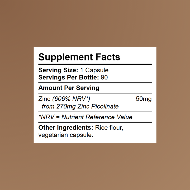 Kratox Zinc Picolinate supplement facts showing 50mg zinc (606% NRV) from 270mg zinc picolinate per capsule