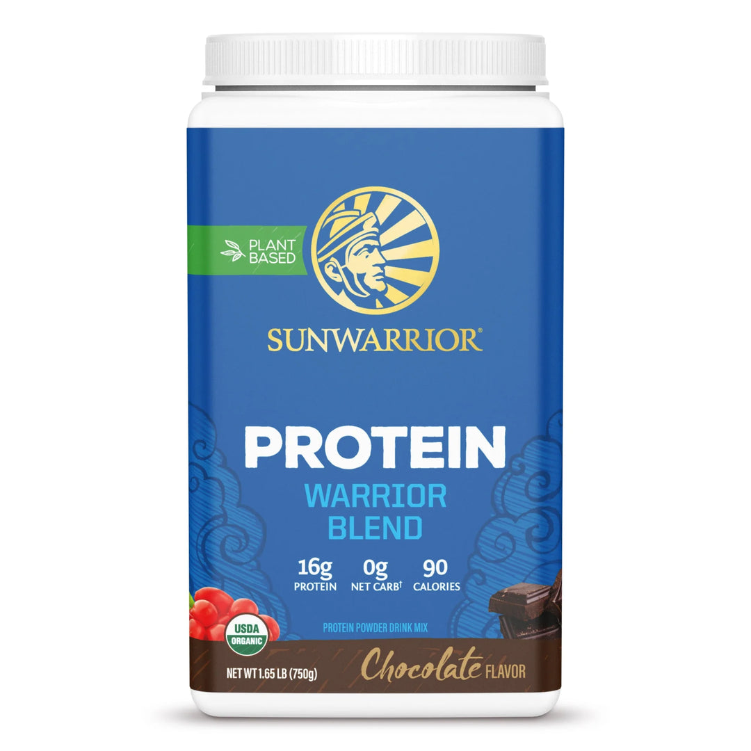 Sunwarrior Warrior Blend Chocolate flavour vegan protein powder tub — rich chocolate plant-based protein blend.  