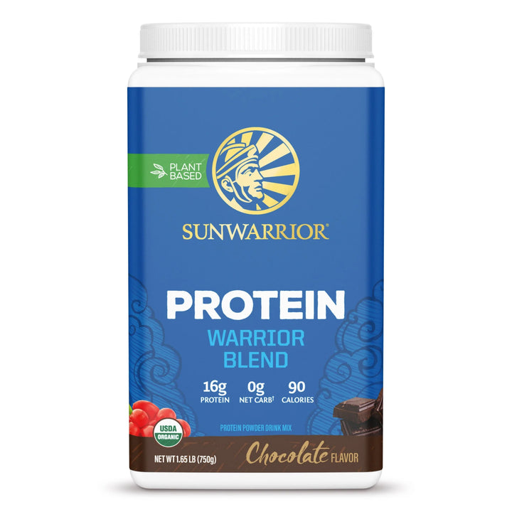 Sunwarrior Warrior Blend Chocolate flavour vegan protein powder tub — rich chocolate plant-based protein blend.  