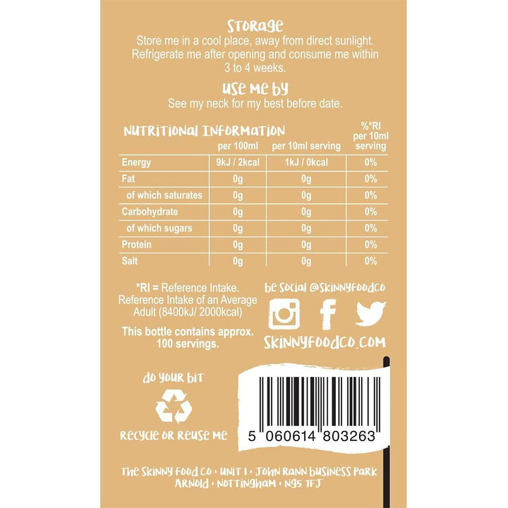 Barista Coffee Syrup nutrition label — calories, sugar content and ingredients per serving.