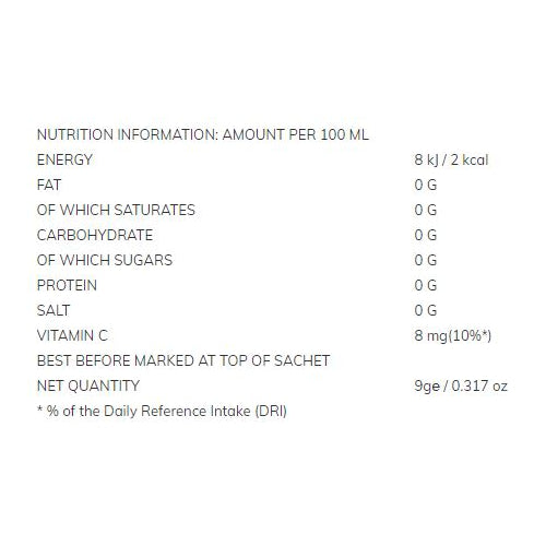 Nutrition facts label for Bolero drink mix — ingredients and serving details per sachet.  