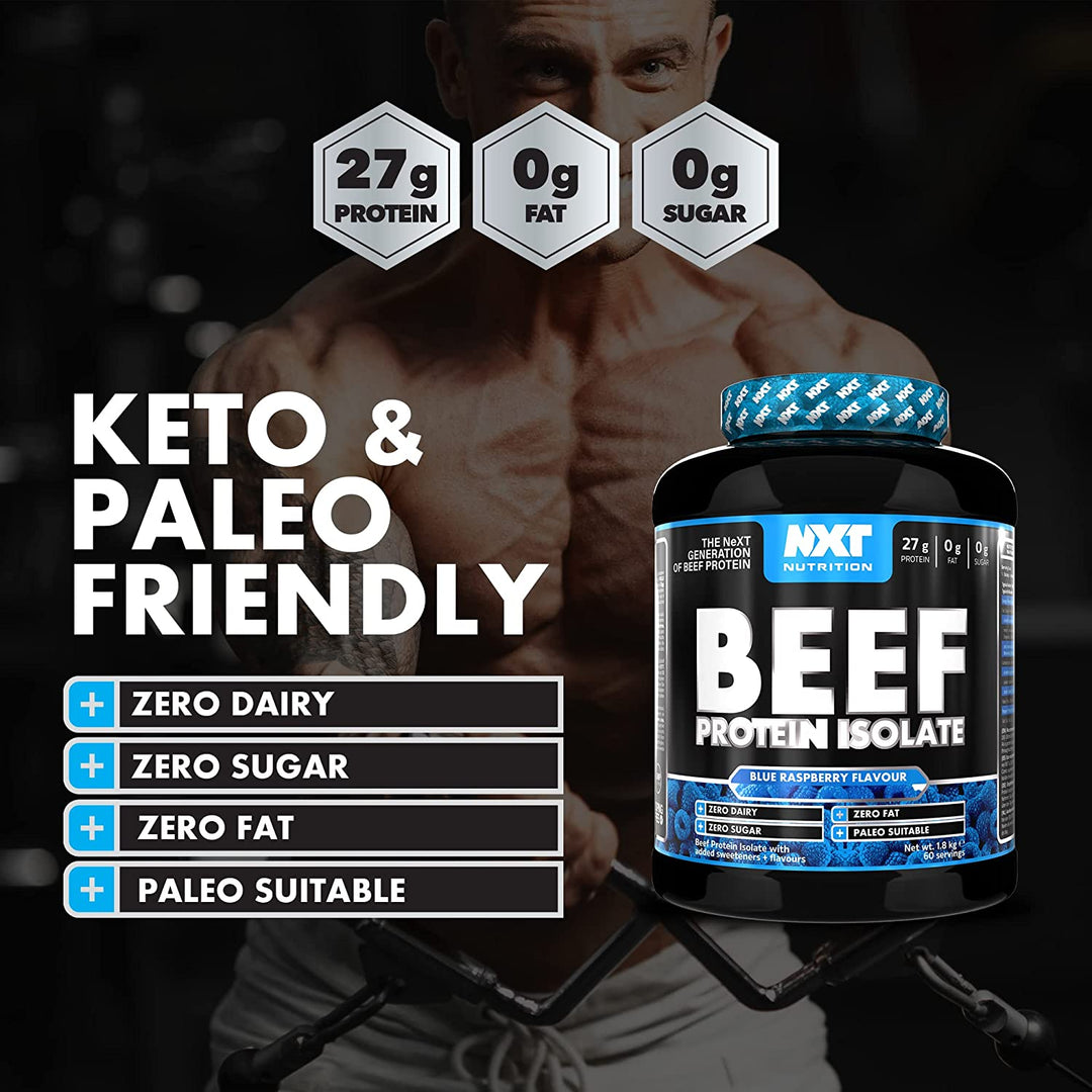 NXT Nutrition Beef Protein Isolate shake preparation — high-protein supplement for strength and fitness support.