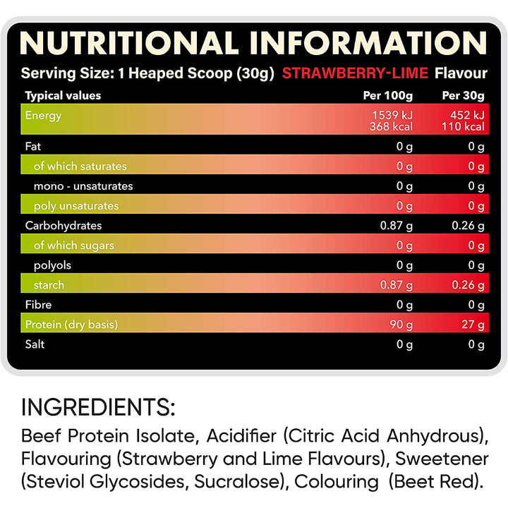 Supplement Facts panel for NXT Nutrition Beef Protein Isolate — protein content, serving size and amino profile.