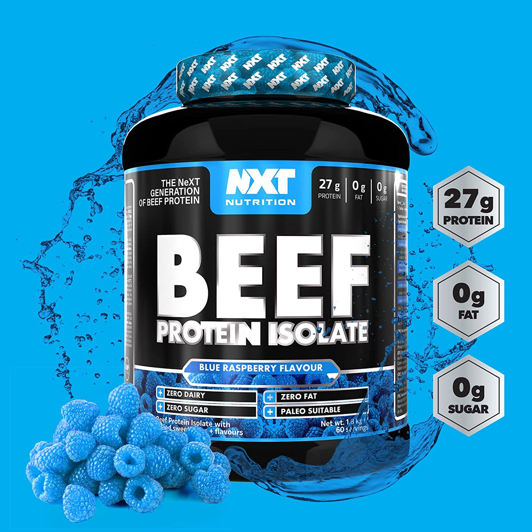 Beef Protein Isolate benefits graphic — supports muscle recovery, lean mass and workout performance. 27g protein per serving.