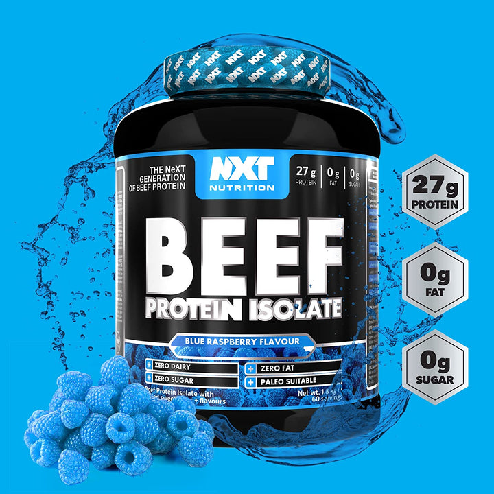 Beef Protein Isolate benefits graphic — supports muscle recovery, lean mass and workout performance. 27g protein per serving.