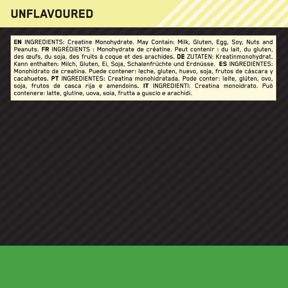 Nutrition facts label for Optimum Nutrition Creatine – showing creatine monohydrate content per serving.