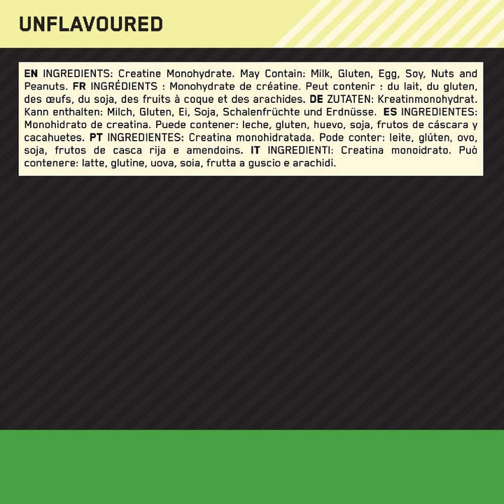 Nutrition facts label for Optimum Nutrition Creatine – showing creatine monohydrate content per serving.