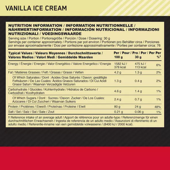 Nutrition facts panel for Optimum Nutrition Gold Standard Whey showing calories, macros and protein content per serving.