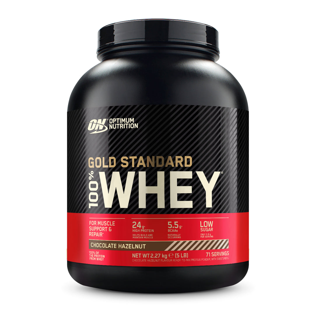 ON Gold Standard Whey tub – fast-absorbing whey protein for post-workout recovery and performance.