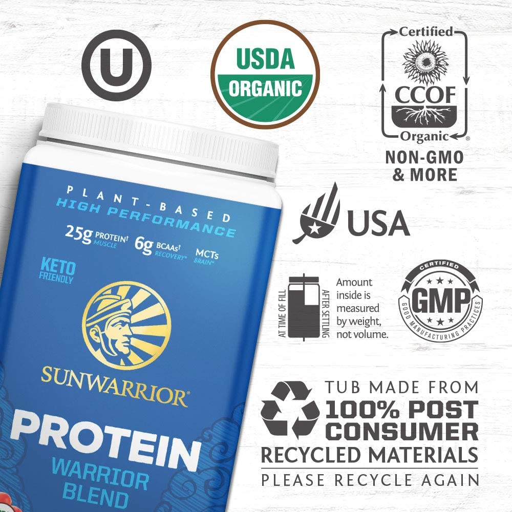Sunwarrior Warrior Blend protein powder container — plant-based protein blend suitable for vegetarians, vegans and lactose-free diets.