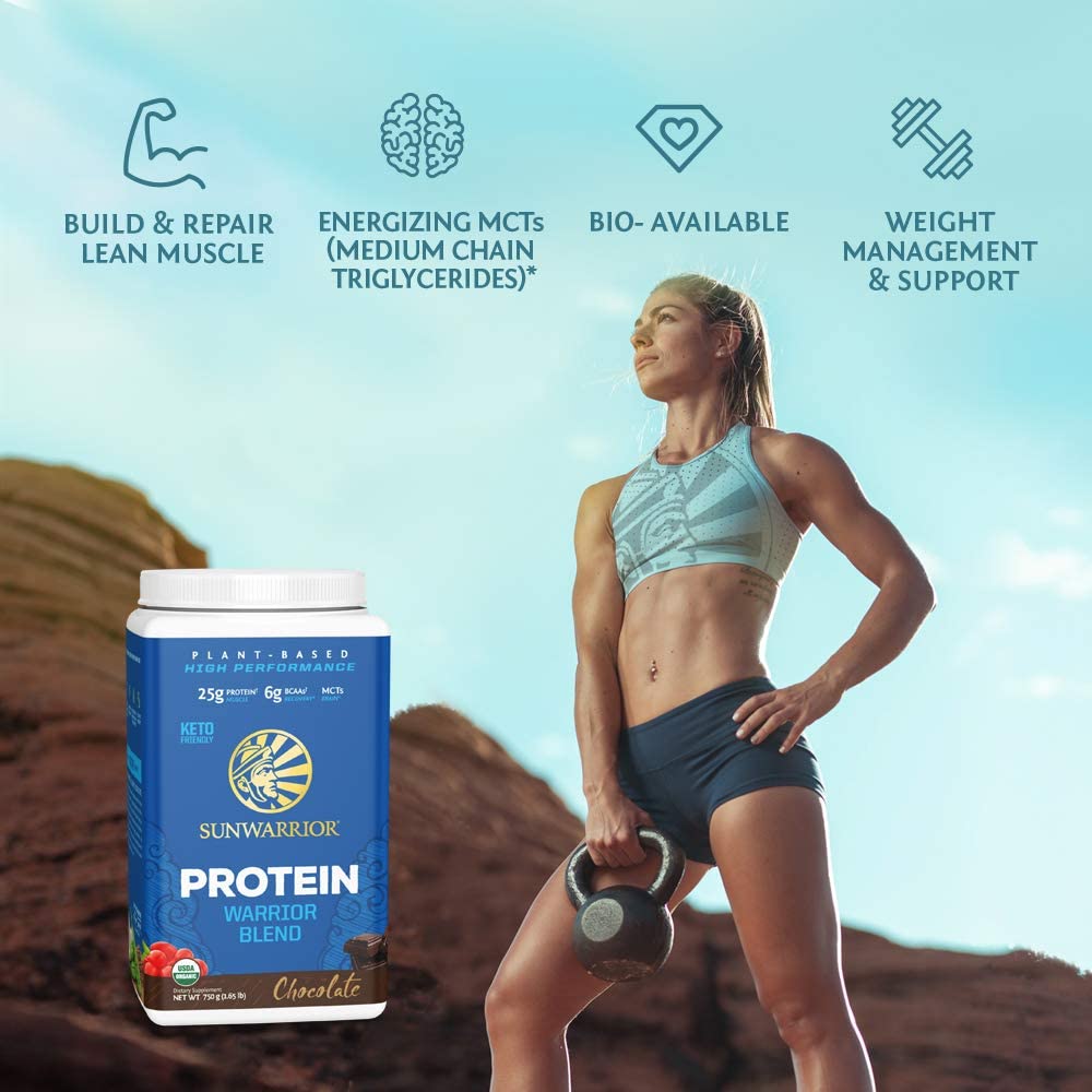 Warrior Blend vegan protein powder from Sunwarrior, benefits graphic — complete amino acid profile, easy digestibility and muscle support.