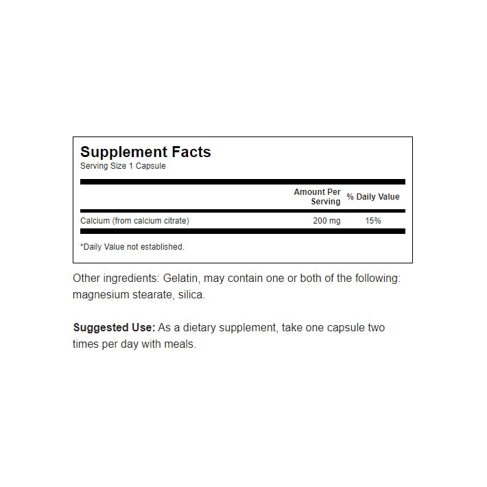 Calcium Citrate supplement providing 200mg per capsule